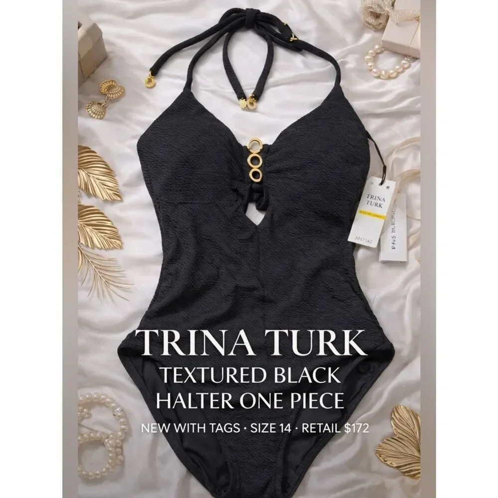 Trina Turk Textured Black Halter One Piece Swimsuit NWT Size 14 Luxe Gold Detail